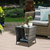 HAOYYE Outdoor Patio Wicker Side Table, Grey Square End Table with Glass Top and Storage Shelf, All-Weather PE Rattan Coffee Table for Porch Garden Balcony Backyard Bistro Decor